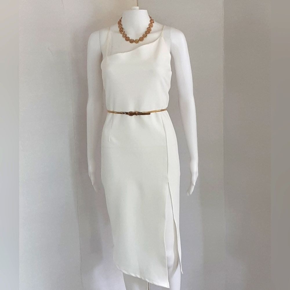 JUST QUELLA White Spaghetti Strap Asymmetric Bodycon Dress Sz 12 NWT